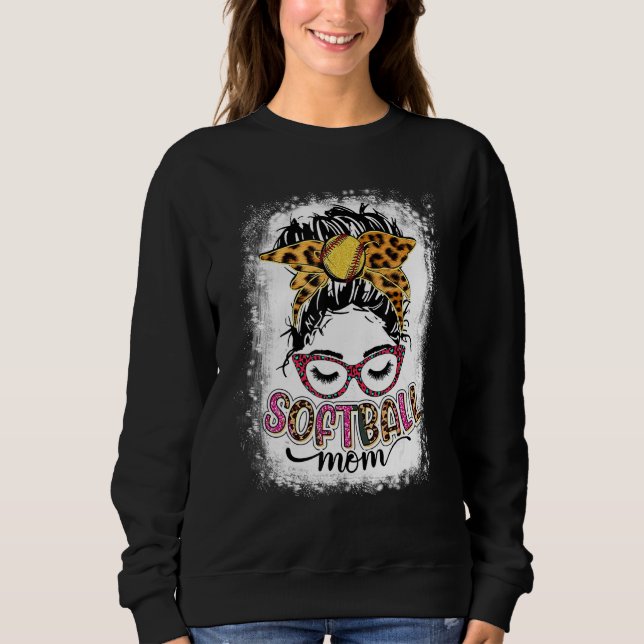 Sweatshirt Bleu Softball Maman Vie Leopard Messy Bun Mothe (Devant)