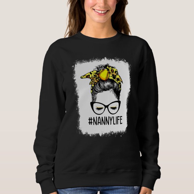 Sweatshirt Bleu Softball Nanny Life Leopard Messy Bun Mot (Devant)