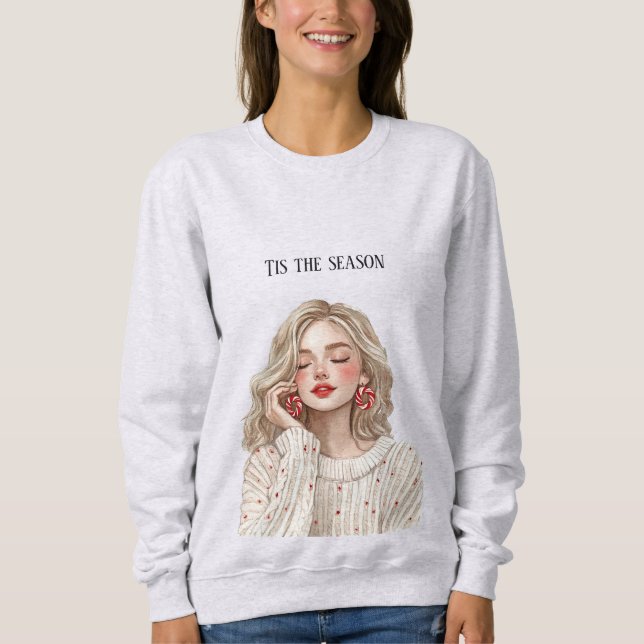 Sweatshirt Blond Girl Candy Cane Earrings Christmas (Devant)