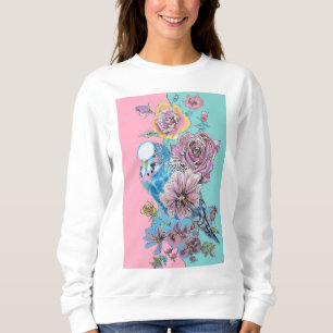 Sweatshirt Blue Budgie Watercolor Red Roses floral art oiseau