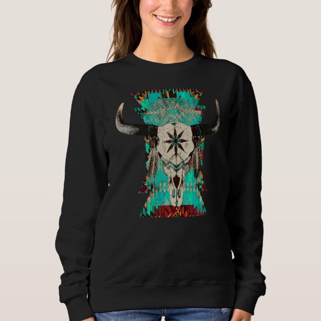 Sweatshirt Boho Bull Skull Turquoise Aztec Western Country Ro (Devant)