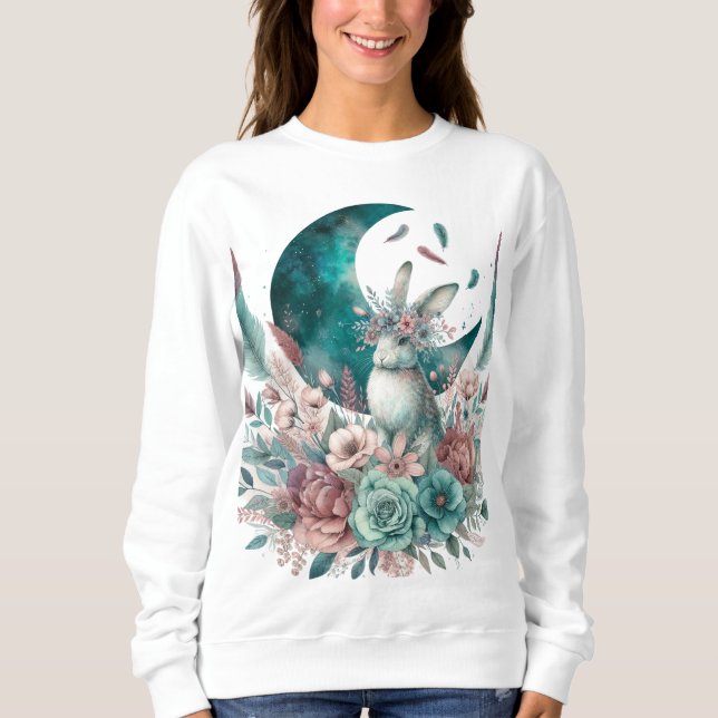 Sweatshirt Boho Moon Flowers Turquoise et Mauve Bunny Sweatsh (Devant)