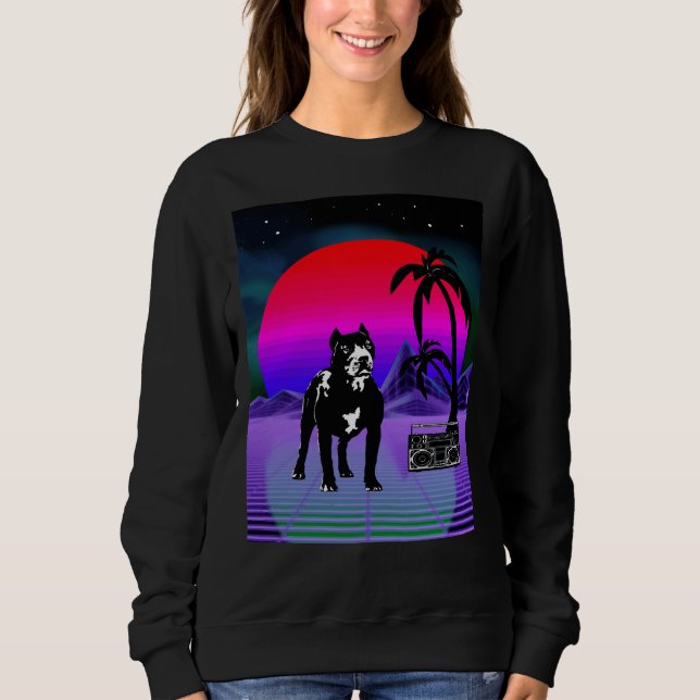Sweatshirt Boîte de démarrage rétro pour chien Pitbull Synthw (Devant)
