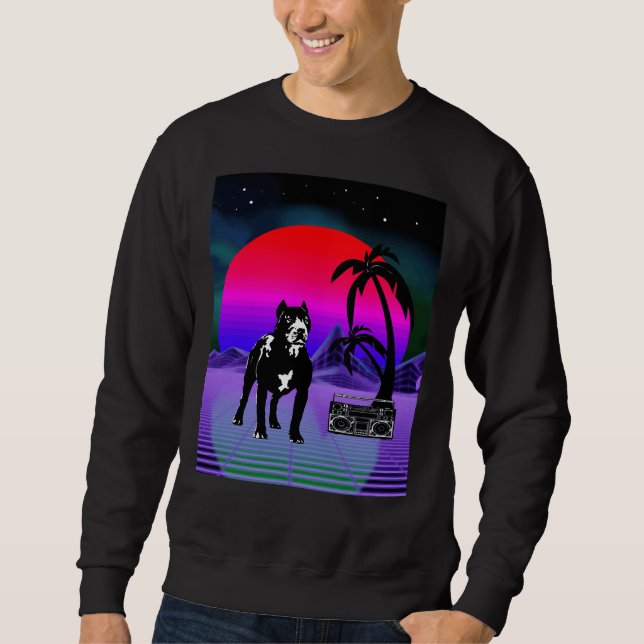 Sweatshirt Boîte de démarrage rétro pour chien Pitbull Synthw (Devant)