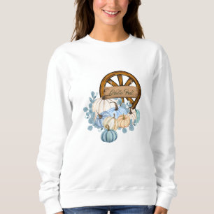 Sweatshirt Bonjour Automne Bleu Vert Citrouille Wagon Roue