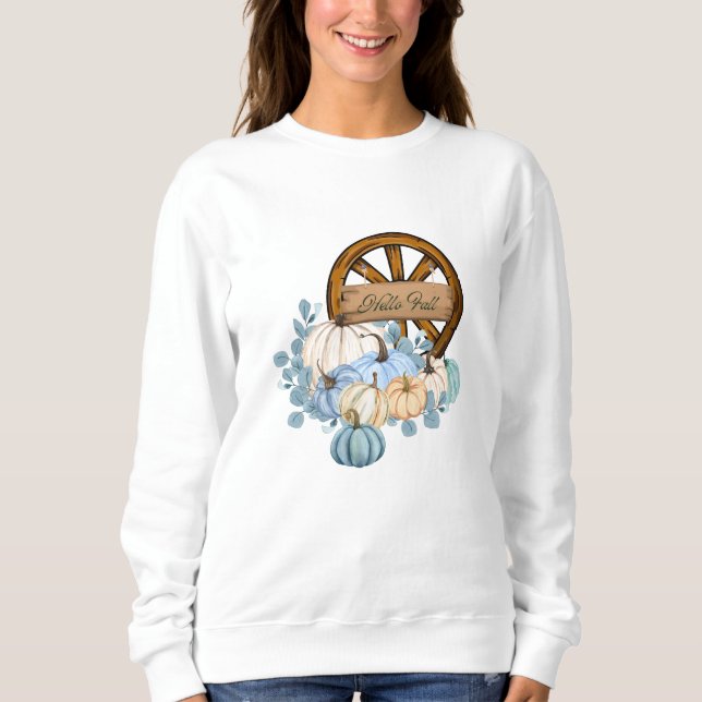 Sweatshirt Bonjour Automne Bleu Vert Citrouille Wagon Roue (Devant)