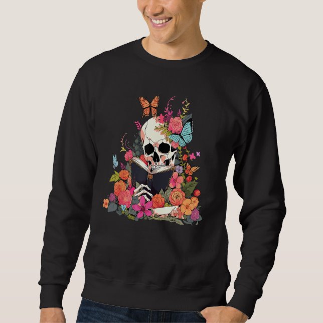 Sweatshirt Book Reading Skull Skeleton Flowers Floral Bookish (Devant)