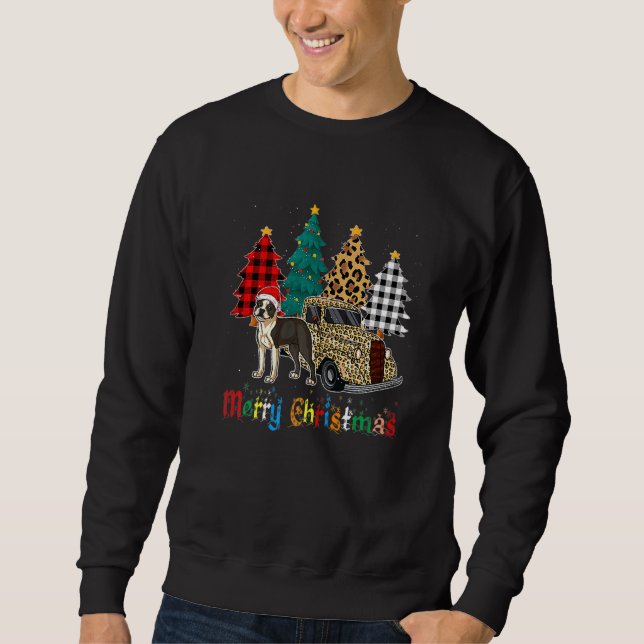 Sweatshirt Boston Terrier plaid leopard xmas tree holiday   (Devant)