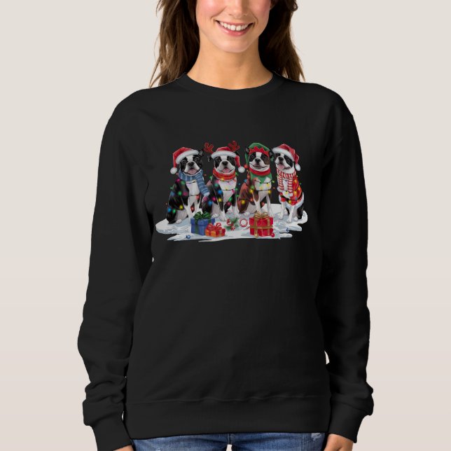 Sweatshirt Boston Terrier Santa chapeau bois elfes Noël (Devant)