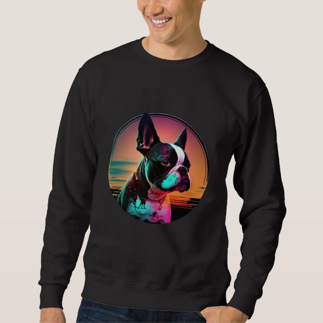 Sweatshirt Boston Terrier Synthwave 80s Retrowave Aesthetic   (Devant)