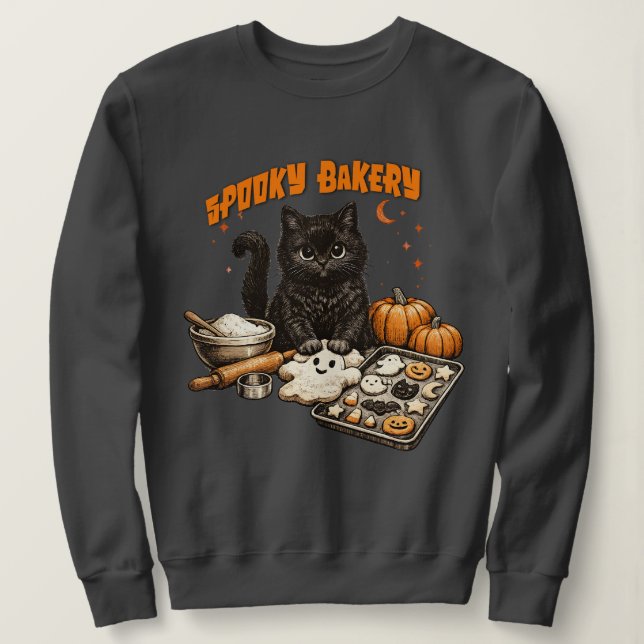 Sweatshirt Boulangerie Chat Noir Effrayant Halloween Biscuits (Design devant)