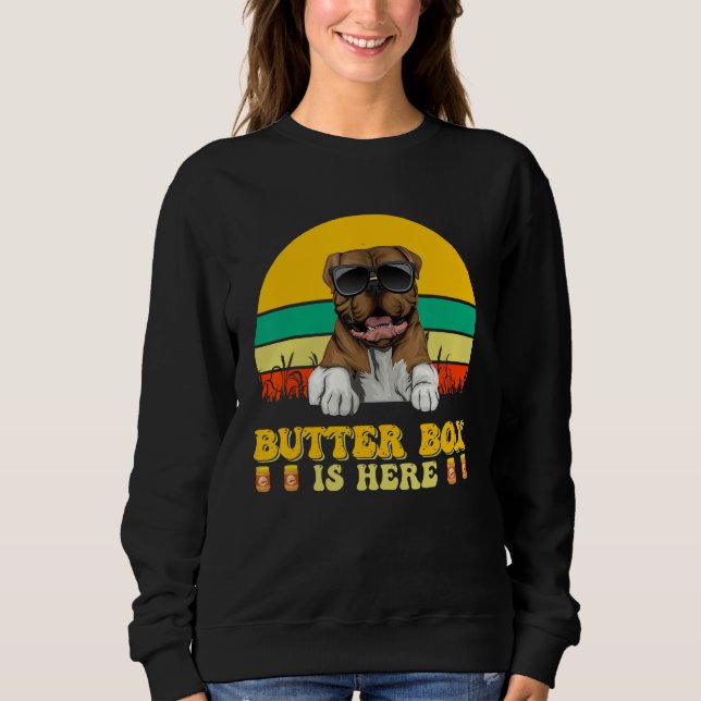 Sweatshirt Bouledogue américain Dog Butter Box est ici pour l (Devant)