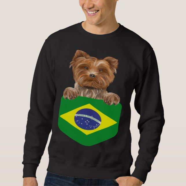 Sweatshirt Brazil Flag Yorkshire Terrier Dog In Pocket (Devant)