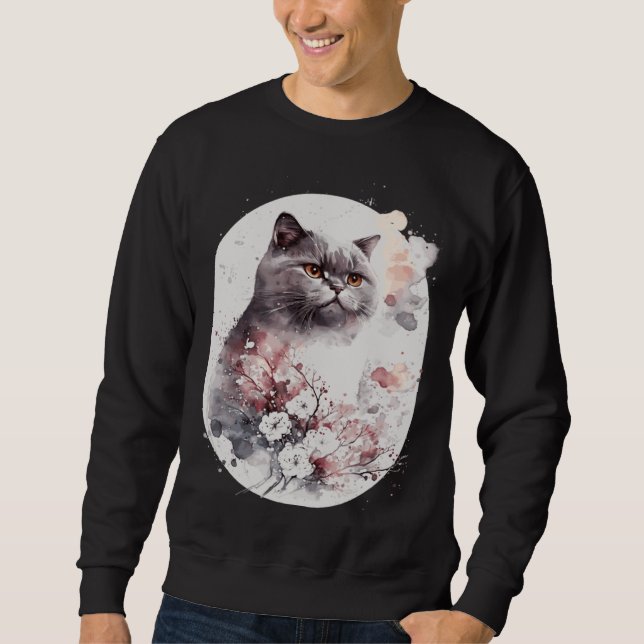Sweatshirt British Shorthair Cat Japanese Cherry Blossom Saku (Devant)