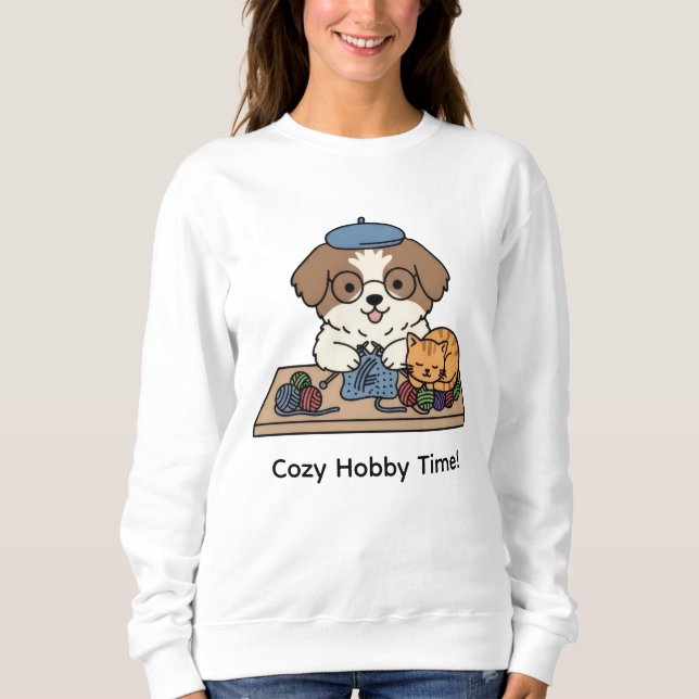 Sweatshirt Brown White Dog Glasses Knitting Cat Friend Design (Devant)