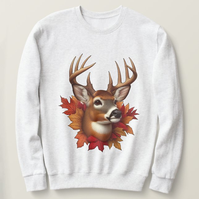 Sweatshirt Buck Deer entouré de feuilles d'automne (Design devant)
