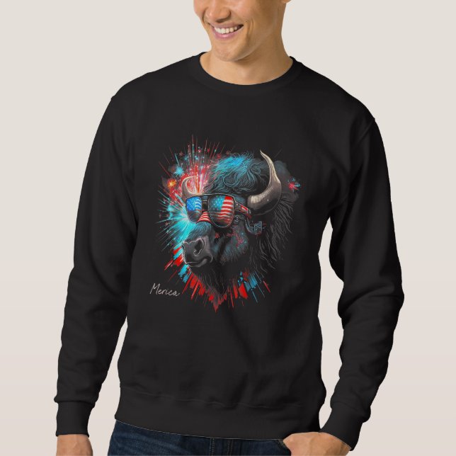 Sweatshirt Buffalo Bison Merica 4th of July American Flag USA (Devant)