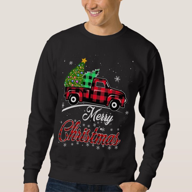 Sweatshirt Buffalo Plaid Christmas Tree Vintage Camion Rouge  (Devant)
