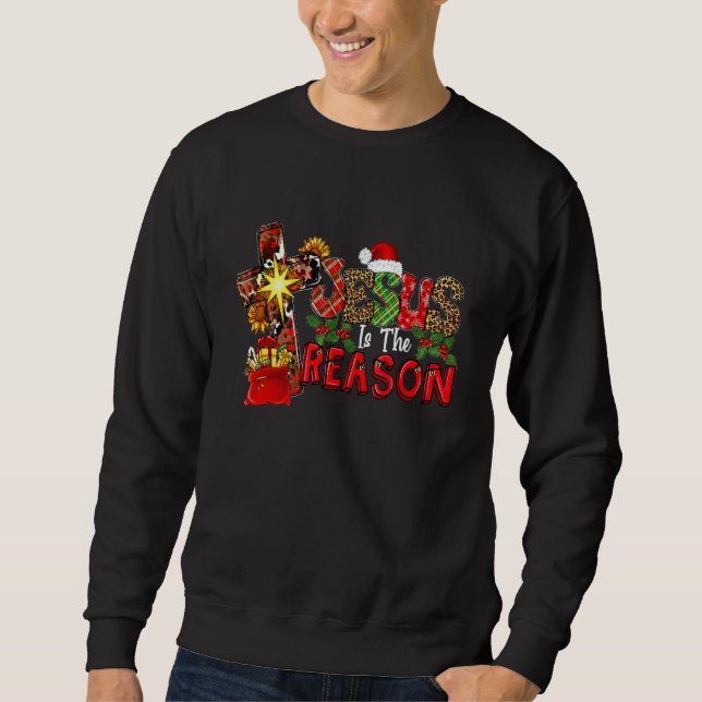 Sweatshirt Buffalo Plaid Leopard Jesus Is The Reason Christma (Devant)