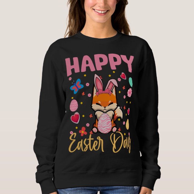 Sweatshirt Bunny Fox Colorful Eggs Hunting Happy Easter Day (Devant)