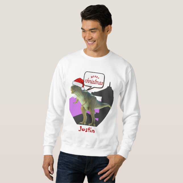 Sweatshirt cadeau de noël dinosaure, nom personnalisé (Devant entier)