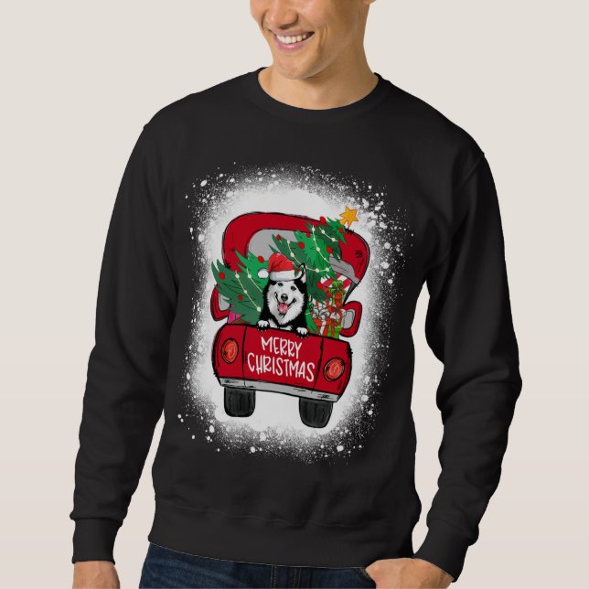 Sweatshirt Camion Rouge Cute Husky Joyeux Noël Bleached (Devant)