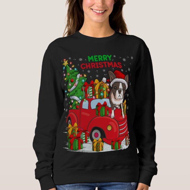 Sweatshirt Camion rouge Xmas Tree - Éclairage Boston Terrier  (Devant)