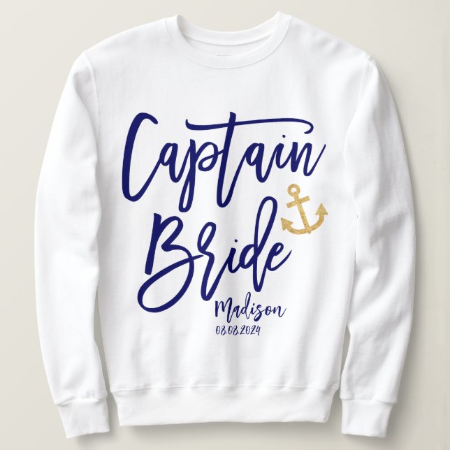 Sweatshirt Capitaine Mariée Calligraphie Moderne Bleue (Design devant)