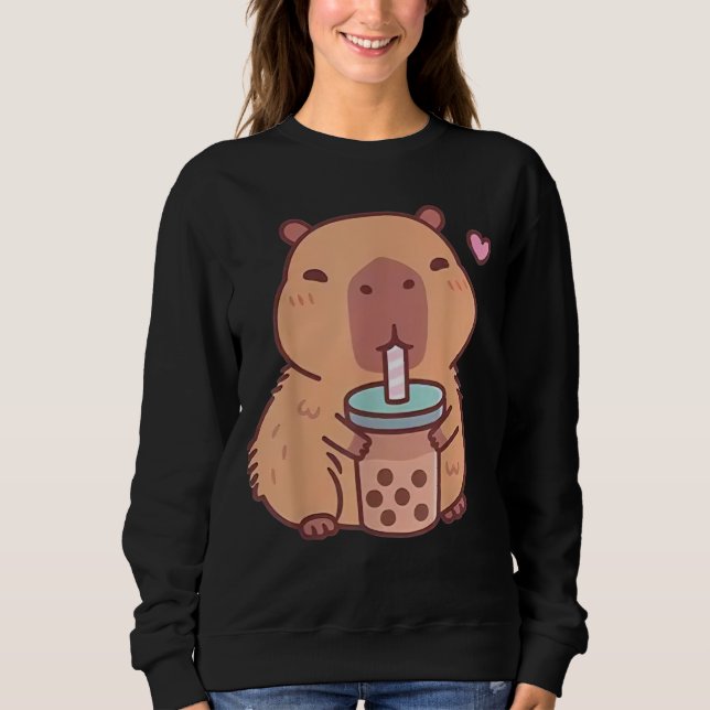 Sweatshirt Capybara Mignon Kawaii Boit du Bubble Tea dans un  (Devant)