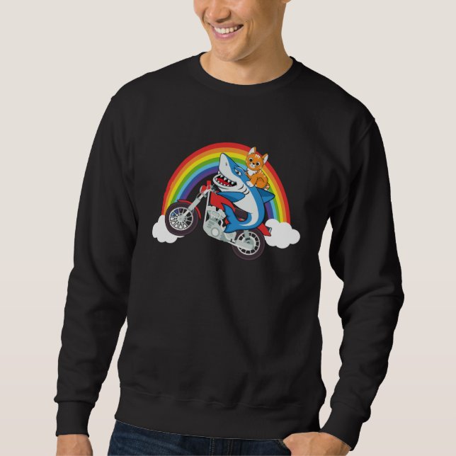 Sweatshirt Cat And Shark Riding Motorcycle With Rainbow Graph (Devant)