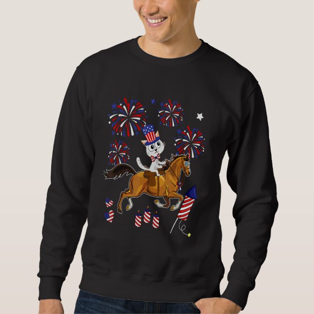 Sweatshirt Cat Ridding Horse Sunglasses 4th Of July American  (Devant)