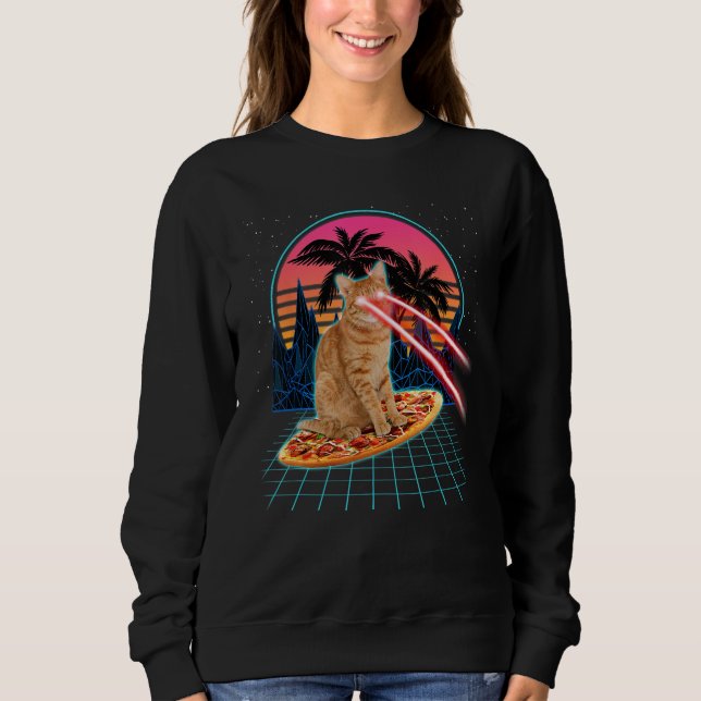 Sweatshirt Cat Riding Pizza Laser Eyes 80s Cat In Space Cats (Devant)