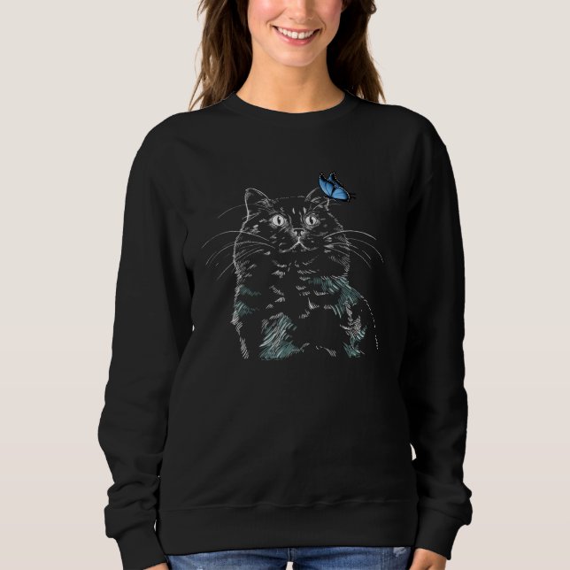 Sweatshirt Cat With Butterfly Black Cat Butterfly  1 (Devant)