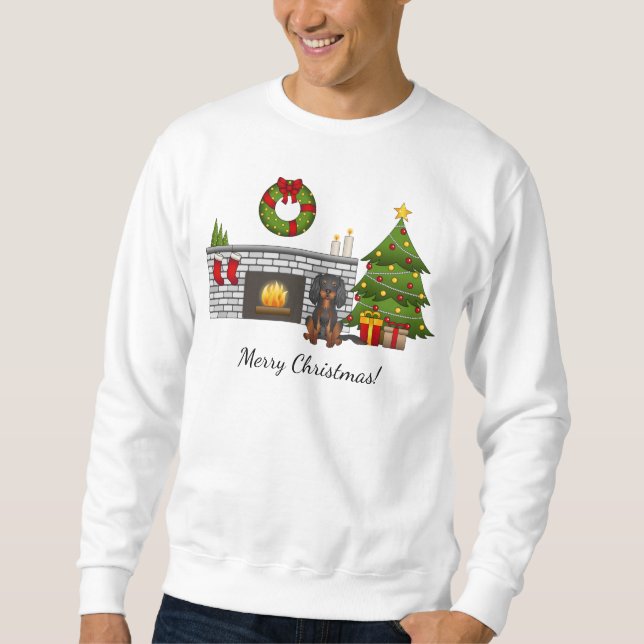 Sweatshirt Cavalier Black & Tan dans une salle de Noël festiv (Devant)
