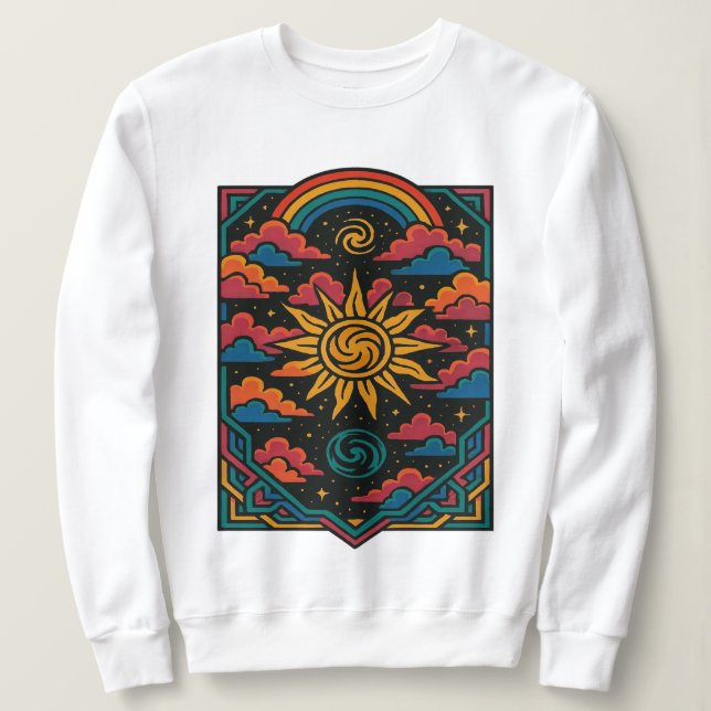 Sweatshirt Céleste Dreams - Retro Sun & Rainbow Tarot Art (Design devant)