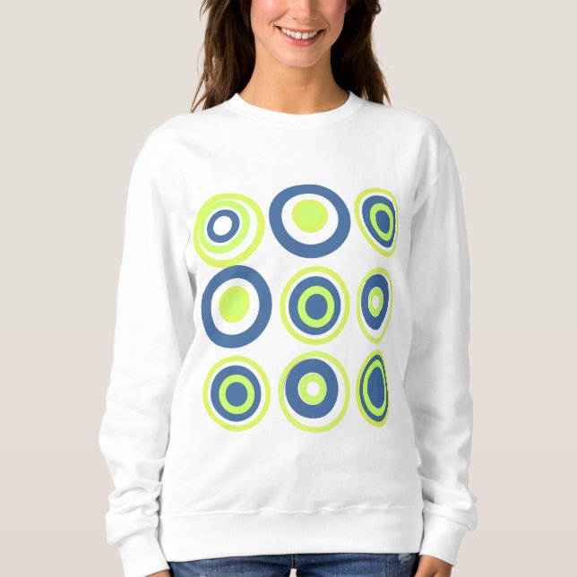 Sweatshirt Cercles Rétro Pois Lime Vert Turquoise Sur Blanc (Devant)