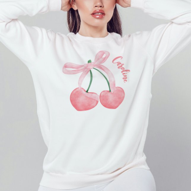 Sweatshirt Cerise mignonne avec cabot rose Coquette fille est (Coquette sweatshirt, cute bow and cherries coquette clothing shirt with personalized monogram name)