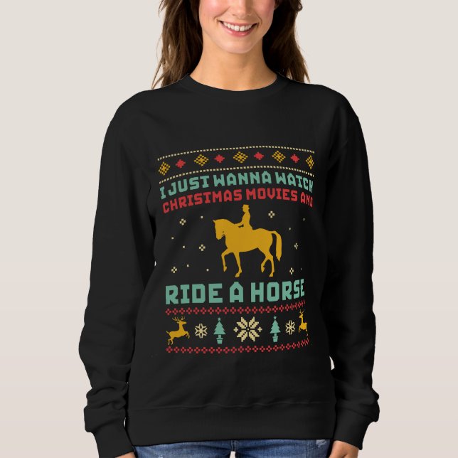 Sweatshirt Chandail de Noël moche drôle Cheval Horseriing (Devant)