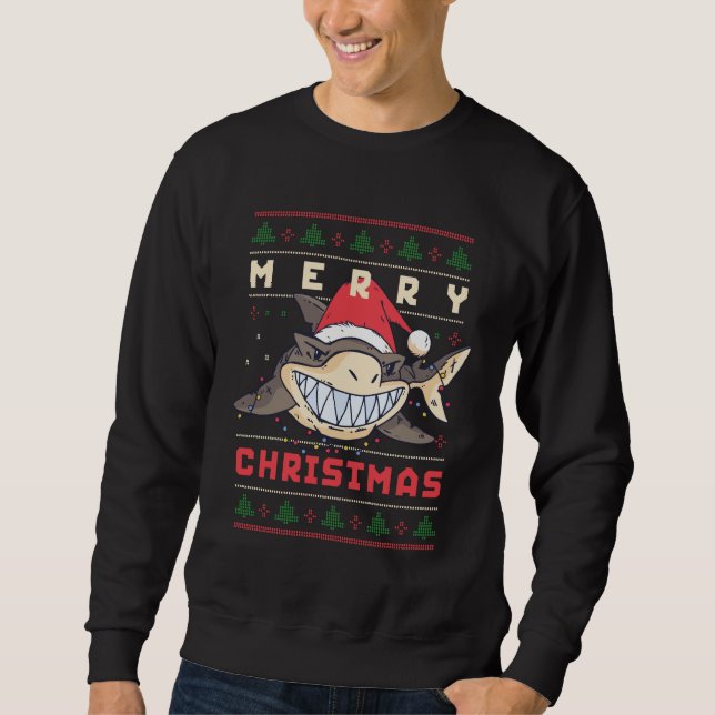 Sweatshirt Chandail de Noël moche drôle Smiling Shark Père No (Devant)
