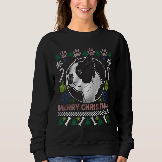 Sweatshirt Chandail de Noël moche du chien de Boston Terrier (Devant)