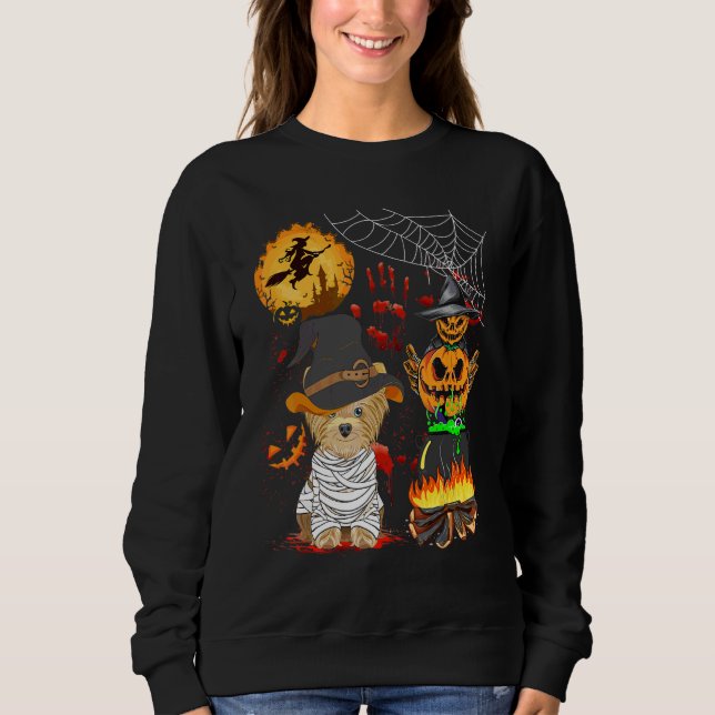 Sweatshirt Chapeau de Sorcière Citrouille Yorkshire Terrier C (Devant)