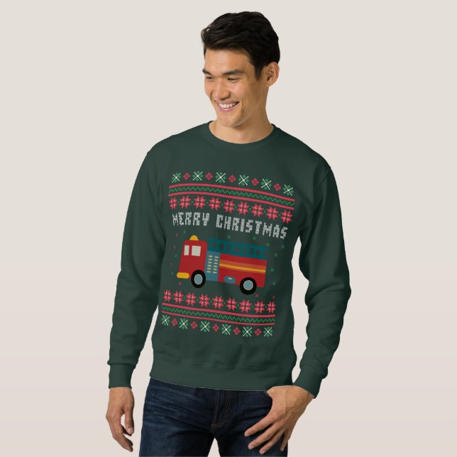 Sweatshirt Chariot de Noël moche pour camion-feu (Devant entier)