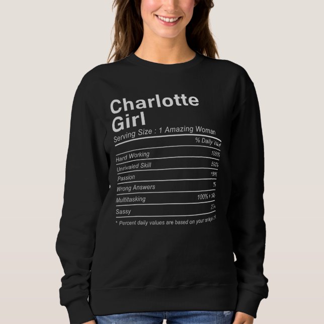Sweatshirt CHARLOTTE GIRL NC NORTH CAROLINA Nutrition Facts   (Devant)