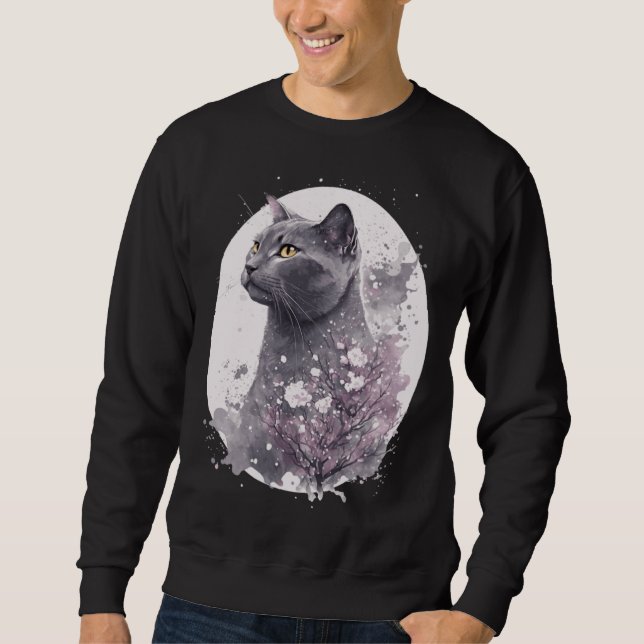 Sweatshirt Chartreux Cat Japanese Cherry Blossom Floral Sakur (Devant)