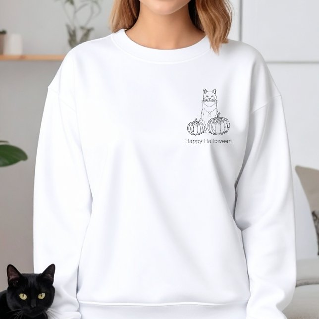 Sweatshirt Chat Avec Citrouille Simple Line Art Heureux Hallo (Disclaimer: This image is a digital mockup.)