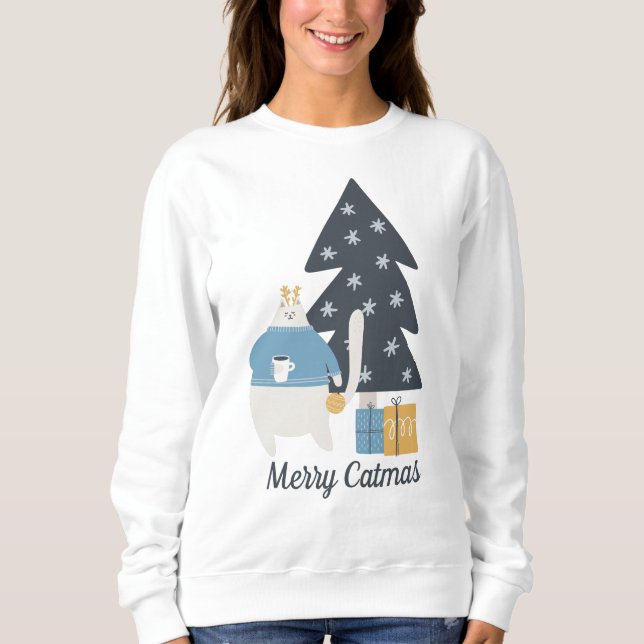 Sweatshirt Chat blanc ornement de Noël arbre personnalisé (Devant)