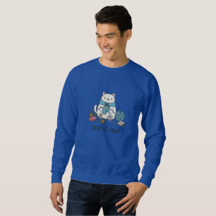 Sweatshirt Chat Blanc Tricotant Laine Bleue Hiver Art Douille