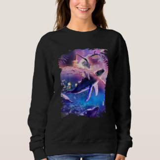 Sweatshirt Chat chevauchant une baleine dans l'océan spatial