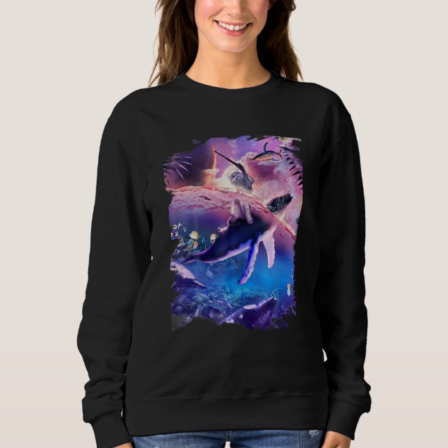 Sweatshirt Chat chevauchant une baleine dans l'océan spatial (Devant)