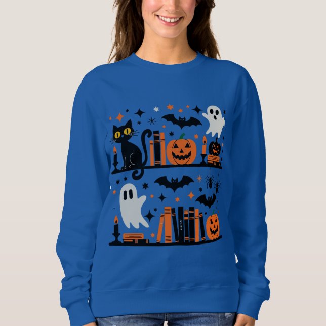 Sweatshirt Chat Citrouille Bat Spider Halloween Livre bougie (Devant)